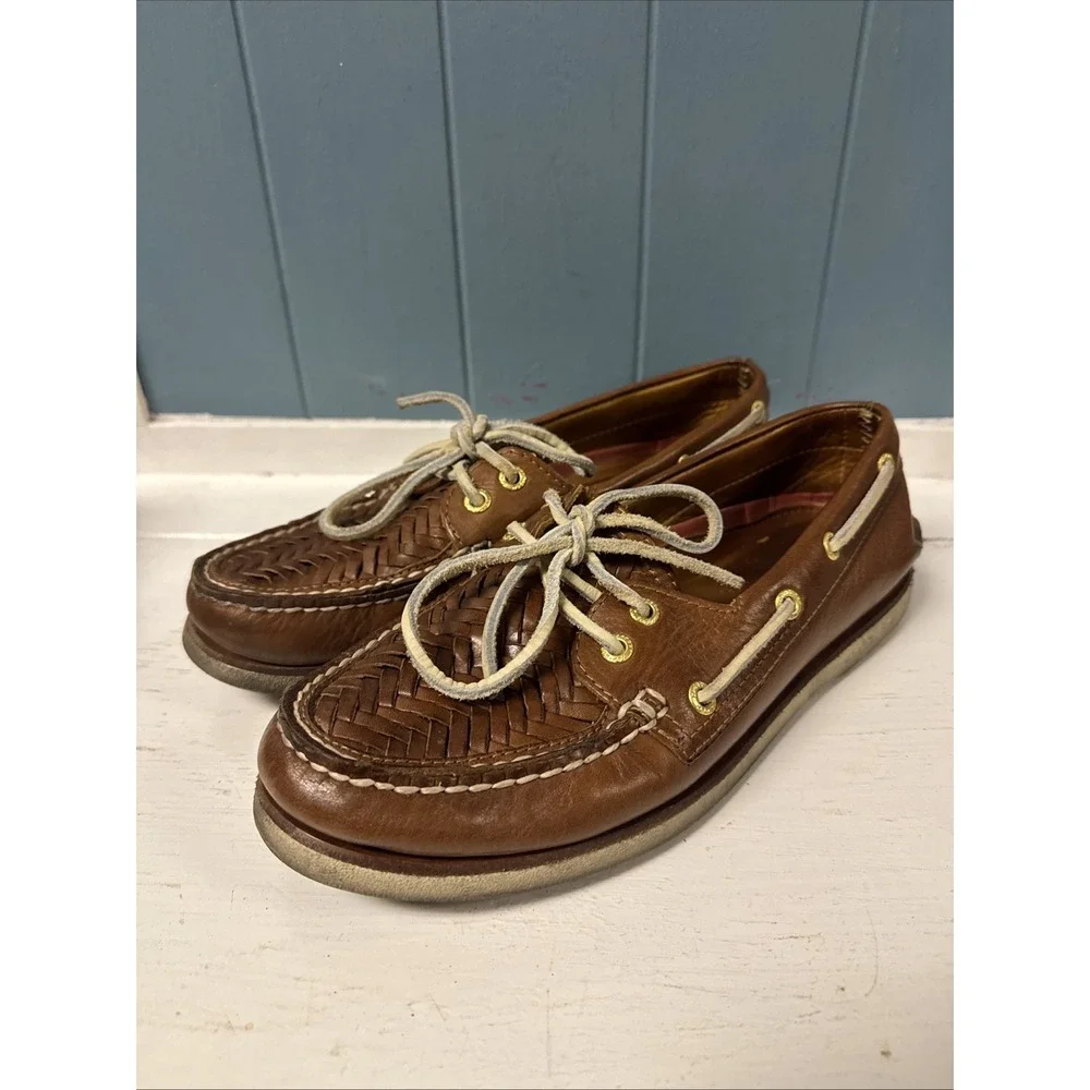 Sperry Gold Cup‎ Leather Woven Tan Boat Shoes Men's Size 7.5 M